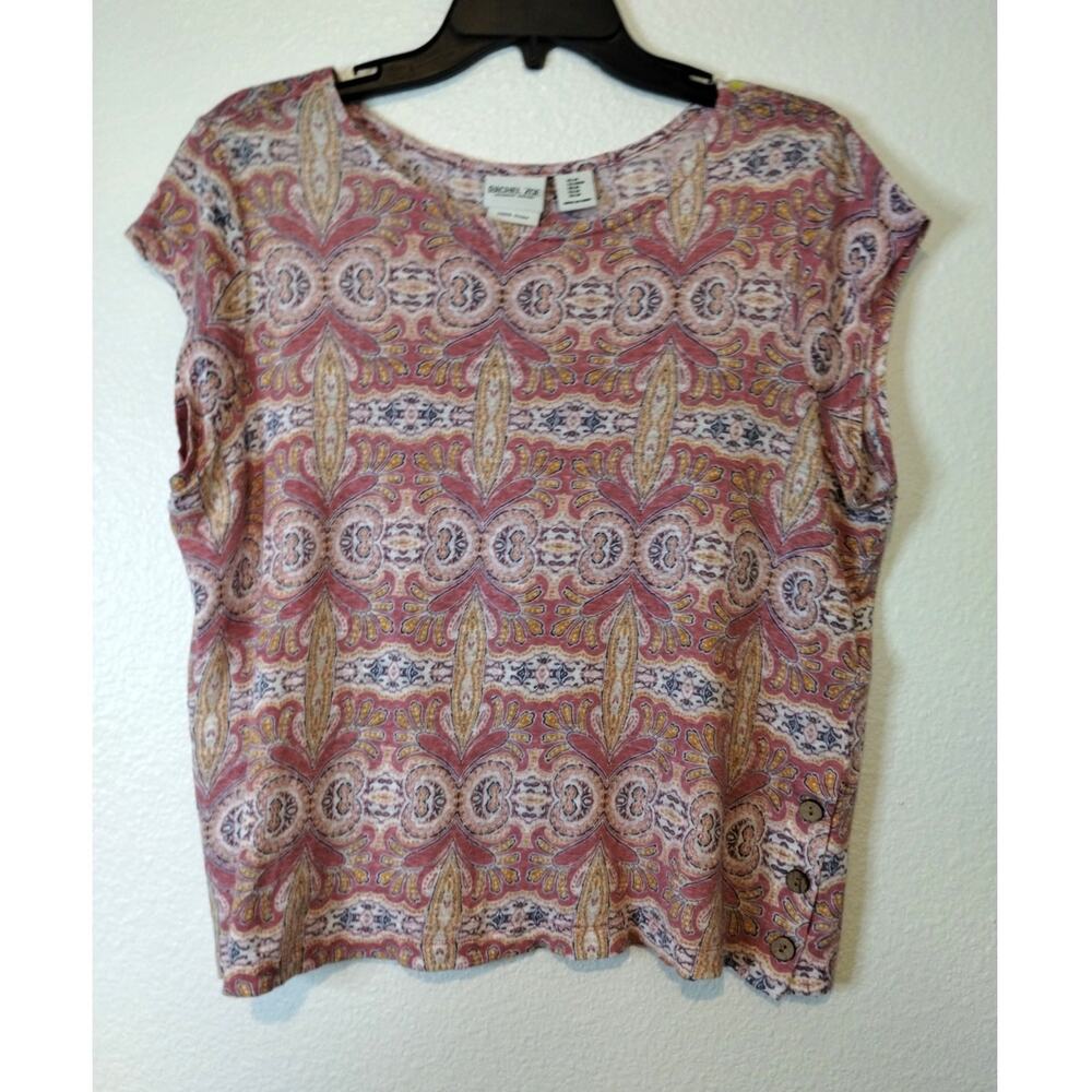 Rachel Zoe Women's Size Medium Pink Patterned Linen Cap Sleeve Boxy Top